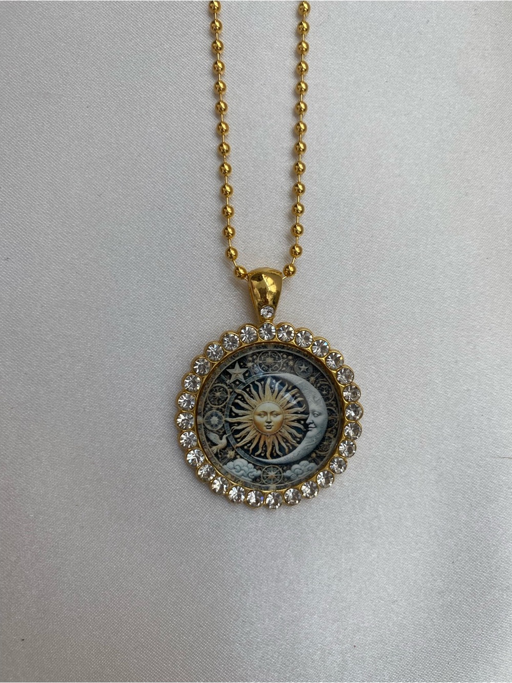 Sun Moon Celestial Rhinestone Pendant Necklace Gold Tone Ball Chain Boho Mystic